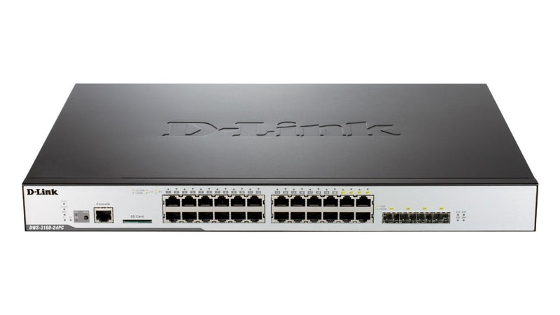 The Dlink DGS-3120 xStack Series are enhanced L2 access stackable switches 24 port 10/100/1000 Mbps PoE, Gigabit4 combo 1000BASE-T/SFP Gigabit Ethernet ports - TalindaExpress