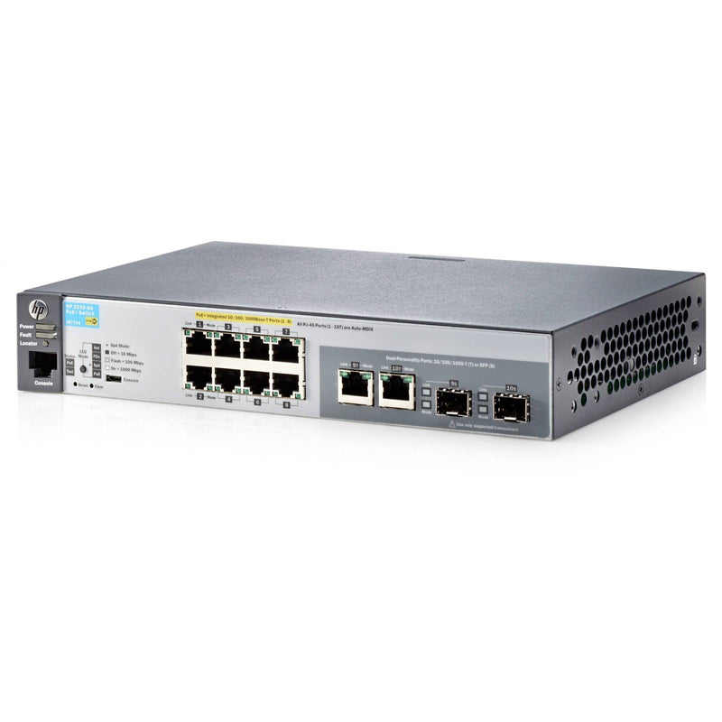 Aruba 2530 8G PoE+ Switch. 8 10/100/1000 POE+ ports, 2 dual SFP ports, fanless operation,67W POE+