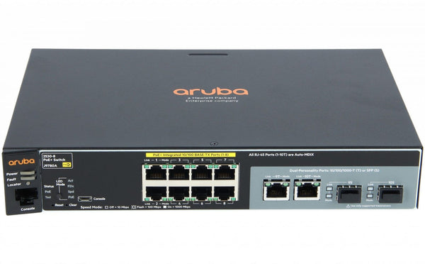 Aruba 2530 8 PoE+ Switch, 10/100 POE+ ports, 2 dual SFP ports, fanless operation, 67W POE+